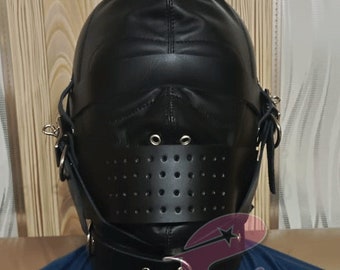 Mannen 100% echt koeienhuid lederen masker, lederen full face hood kostuum, handgemaakt echt lederen full face masker, kwaliteit lederen kap, slavenkap