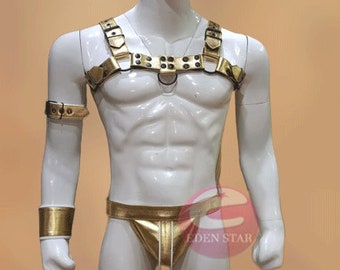 Harness Man Golden Leather Harness Jockstrap with Armbands, Golden Gear, Gold Harness, Gold Jock, Harness Gear, man Gear, Belt Gear fetish