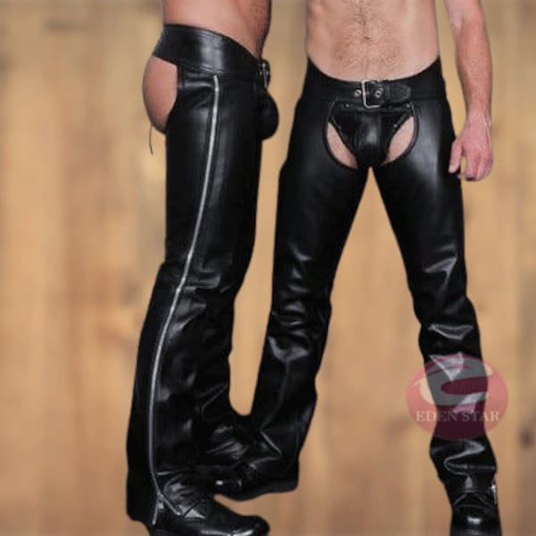 Men Real Black Chap Premium Quality Cowhide Leather Trousers Chapped Pants Bluff Pant Assess chaps Rider Black Chaps LBTQ Pride Gay Pant