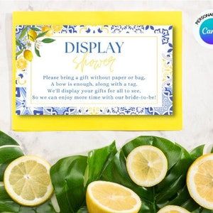 Inserção de cartão de exibição de chá de panela com limão mediterrâneo, chá de panela de azulejos azuis italianos, espremedor principal, chá de panela com exibição de azul e limão