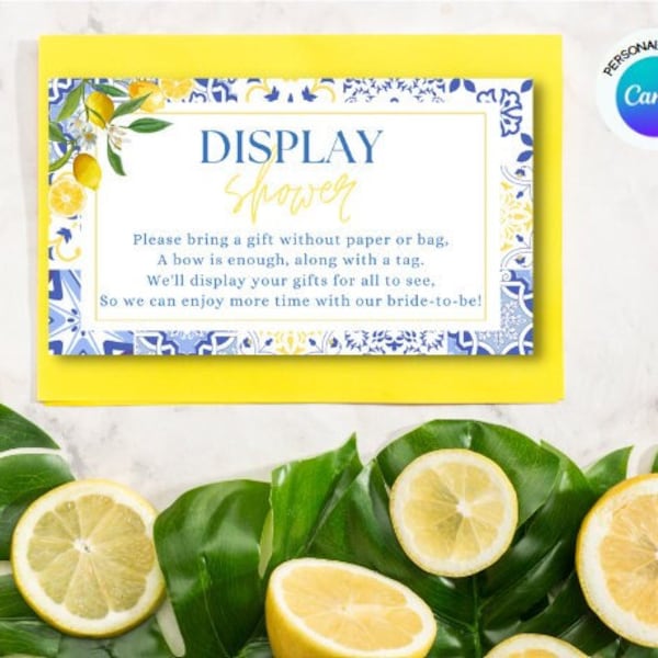 Mediterranean Lemon Bridal Shower Display card insert, Italian Blue Tiles Bridal Shower, Main Squeeze, blue and lemon display bridal shower