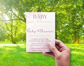 Rosa blommig babyshowerinbjudan för flicka, utskrivbar babyshowerinbjudan för flicka, babyshower i blom, babyshowerinbjudan
