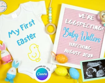 May include: A white onesie with the text "My First Easter" in blue and a yellow chick illustration. A pink letter board with the text "We're Eggspecting! Baby Walters Hatching August 2023" in blue and white. A black and white ultrasound image is in the bottom right corner.