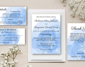 Winter wedding invitation bundle, winter wedding invite, blue wedding decor, instant download; blue wedding invite; editable template