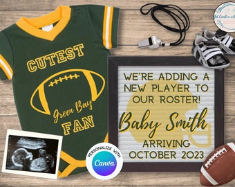May include: A green and gold football jersey with the text "CUTEST Green Bay FAN" and a football graphic. A black and white ultrasound image is in the bottom left corner. A sign with the text "WE'RE ADDING A NEW PLAYER TO OUR ROSTER! Baby Smith ARRIVING OCTOBER 2023" is in the top right corner. The sign is on a white background with a yellow football helmet graphic. A football is in the bottom right corner.