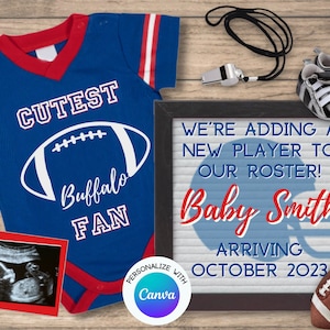 Buffalo football digital baby announcement; Buffalo football; football pregnancy announcement; Editable template; Buffalo baby announcement