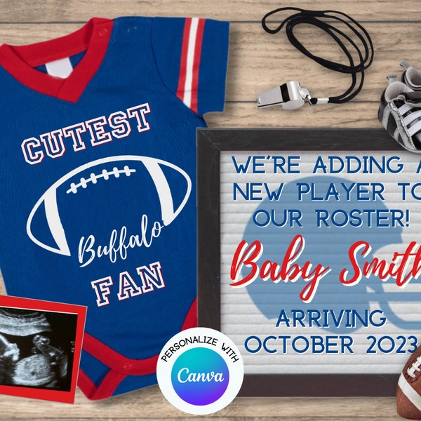 Buffalo football digital baby announcement; Buffalo football; football pregnancy announcement; Editable template; Buffalo baby announcement