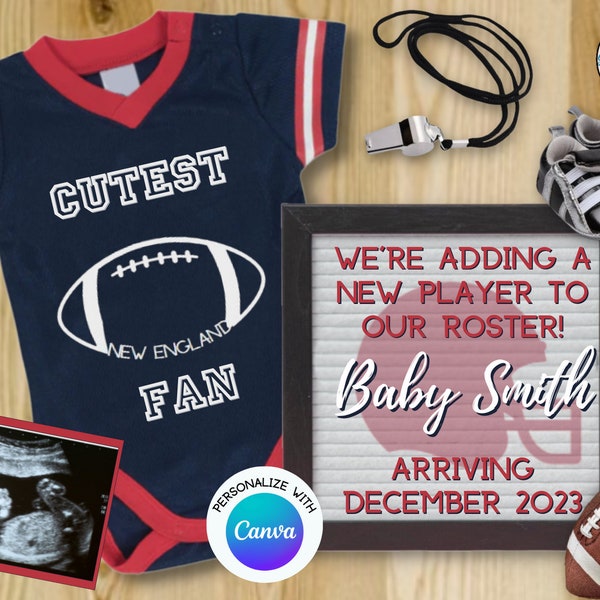 New England football digital baby announcement; New England football; football pregnancy announcement; Editable template