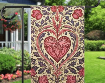 Bandera victoriana de jardín para San Valentín, diseño floral romántico, arte de jardín con motivos de corazones, decoración botánica estilo cottagecore para césped.