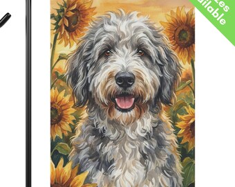 Sheepadoodle Sunflower Garden Flag, Autumn Bernedoodle House Flag, Grey White Doodle Dog Mom Gift, Aussiedoodle Yard Art