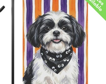 Shih Tzu Halloween Garden Flag, Cute Googly Eye Black White Shih Tzu House Flag, Shih Tzu Dog Mom Gift, Fall Stripes Small Dog Yard Art