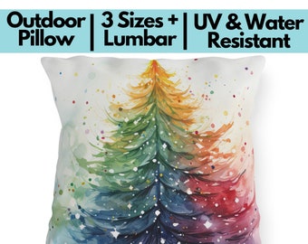 Cojín de exterior con diseño de árbol de Navidad colorido, resistente a los rayos UV y al agua, cojín multicolor para porche, ideal para patio lumbar alegre y luminoso.