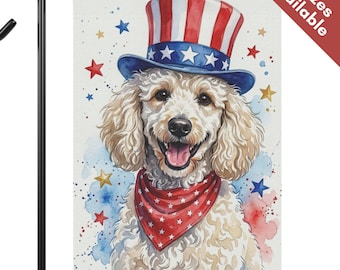 Bandera de jardín del 4 de julio con caniche blanco crema, bandera patriótica del tío Sam con caniche blanco para la casa, regalo para amantes de los perros caniche crema, decoración de jardín para el Día de los Caídos.