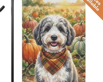 Sheepadoodle Thanksgiving Pumpkin Flag, Fall Bernedoodle Garden Flag, Autumn House Flag, Mini Grey White Doodle Dog Mom Gift, Aussiedoodle