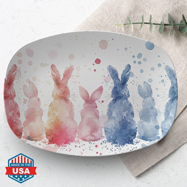 Easter Bunny Serving Platter, Colorful Spring Rabbit Hostess Gift Dish, Kitchen Decor Display Tray, Oval Indoor Outdoor Dishwasher Food Safe