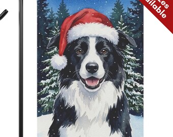 Border Collie Christmas Garden Flag, Santa Hat Border Collie House Flag, Watercolor Black White Dog Mom Gift, Snowy Winter Porch Yard Decor