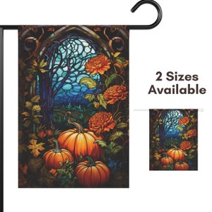 May include: A garden flag featuring a stained-glass style design with pumpkins, orange flowers, and a blue and green background. The text "2 Sizes Available" is displayed on the right side of the flag.