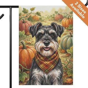 May include: A garden flag featuring a black and silver Schnauzer dog wearing a plaid bandana, positioned in a pumpkin patch with orange and green pumpkins and vines. The top right corner includes an orange banner with the text 2 Sizes Available.