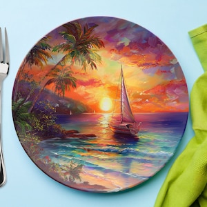 Sailboat Summer Dinner Plate Dinnerware Outdoor Dishwasher Safe, Tropical Sunset Boat Sailing Boat Lover, Nautical Home Coastal Kitchen Gift