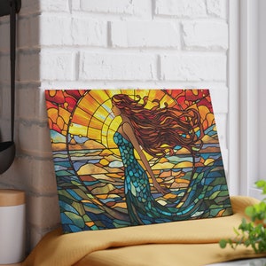 Stained Glass Mermaid Art Cutting Board | Mermaidcore Kitchen Chopping Board | Under the Sea Hot Plate Trivet Summer Charcuterie Board Gift