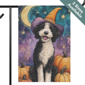 May include: A Halloween garden flag featuring a black and white dog wearing a purple witch hat with an orange brim. The dog is sitting in front of orange pumpkins, with a crescent moon and stars in the background. The flag has the text "2 Sizes Available".