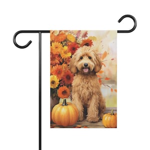 Goldendoodle Fall Garden Flag | Autumn Labradoodle Garden Flag with Pumpkin Watercolor | Tan Cream Apricot | Doodle Mom Thanksgiving Gift