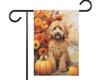 Goldendoodle Fall Garden Flag | Autumn Labradoodle Garden Flag with Pumpkin Watercolor | Tan Cream Apricot | Doodle Mom Thanksgiving Gift