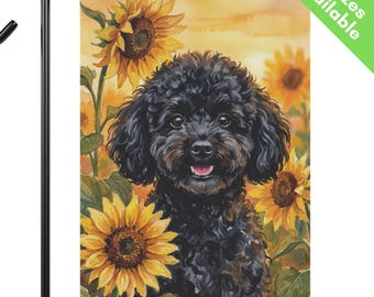 Mini Black Poodle Sunflower Garden Flag, Autumn Toy Poodle House Flag, Poodle Dog Mom Gift, Mini Doodle End of Summer