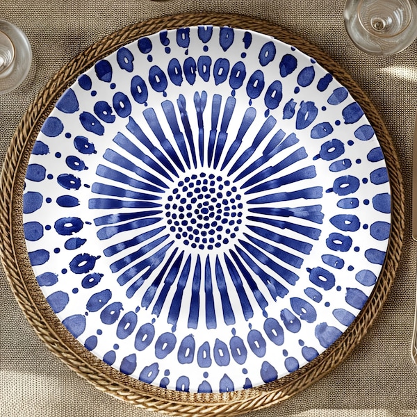 Blue Boho Summer Plates, 10" Round Dish Set, Indoor Outdoor Dinnerware, Microwave Dishwasher Food Safe, Patio Luncheon Decor Dinner Plates