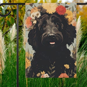 Black Goldendoodle Wearing a Flower Crown Garden Flag | Black Labradoodle Floral Crown Yard Art | Cute Dog Art Gift for Doodle Mom Birthday