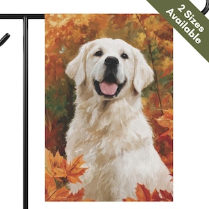 English Cream Golden Retriever Fall Flag, Autumn Golden Retriever Garden Flag, Fall Gift for Cream Golden Mom Thanksgiving House Yard Flag