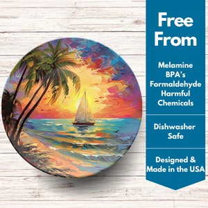 Sailboat Summer Dinner Plate Dinnerware Outdoor Dishwasher Safe, Tropical Sunset Boat Sailing Boat Lover, Nautical Home Coastal Kitchen Gift