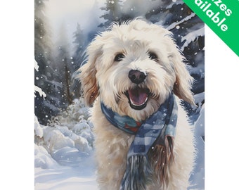 White Goldendoodle Winter Garden Flag Gift, Scarf Wearing Cream Labradoodle House Flag Holiday Lawn Decor, Gift for White Doodle Dog Mom