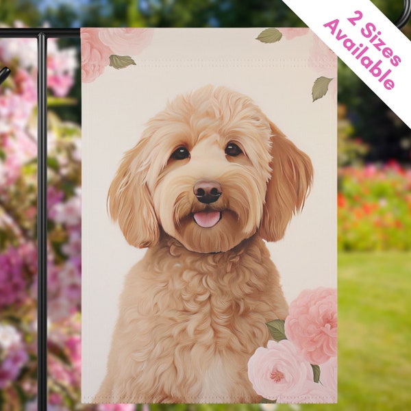 Goldendoodle Valentines Day Garden Flag, Tan Cream Doodle Lawn Flag with Pink Spring Flowers, Apricot Labradoodle Dog Mom House Flag Gift