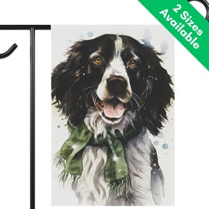 Black English Springer Spaniel Winter Garden Flag, Black and White Springer Spaniel Dog House Flag Gift for Porch Lawn Patio Holiday Decor