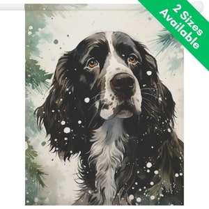 Black English Springer Spaniel Winter Garden Flag, Black and White Springer Spaniel Dog House Flag Gift for Porch Lawn Patio Holiday Decor
