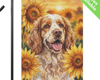 Clumber Spaniel Sunflower Garden Flag, Autumn White Clumber Dog House Flag, Spaniel Dog Mom Gift, End of Summer Fall Yard Art