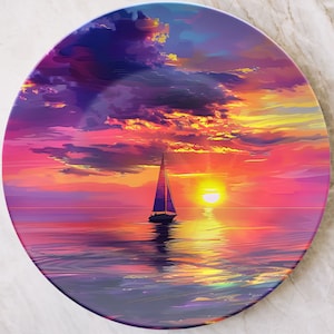 Sailboat Summer Dinner Plate Dinnerware Outdoor Dishwasher Safe, Boat Lake House Sunset, Sailing Boat, Nautical Home Coastal Kitchen Gift