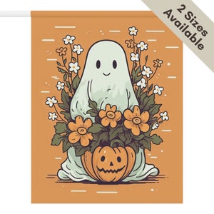 Cute Halloween Ghost Garden Flag | Boho Ghost Hippie Flower Pumpkin House Flag Groovy Ghoul Minimalist Style Flag Garden Lover Gift for Her