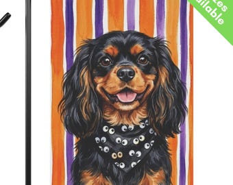 Cavalier King Charles Spaniel Halloween Garden Flag, Googly Eye Black Tan Cavalier House Flag, Black Tan Dog Mom Gift, Spooky Fall Art