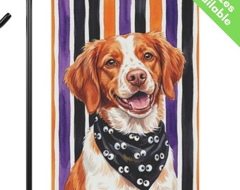 Brittany Spaniel Halloween Garden Flag, Googly Eye Brittany Spaniel House Flag, Orange White Dog Mom Gift, Spooky Fall Yard Art