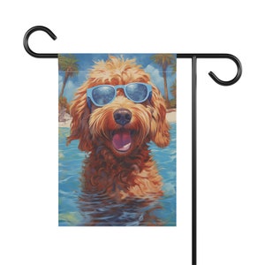 Cool Summer Goldendoodle Yard Flag | Beach Labradoodle Wearing Sunglasses Garden Flag Gift | Gift for Doodle Dog Moms | Tan Cream Apricot image 4