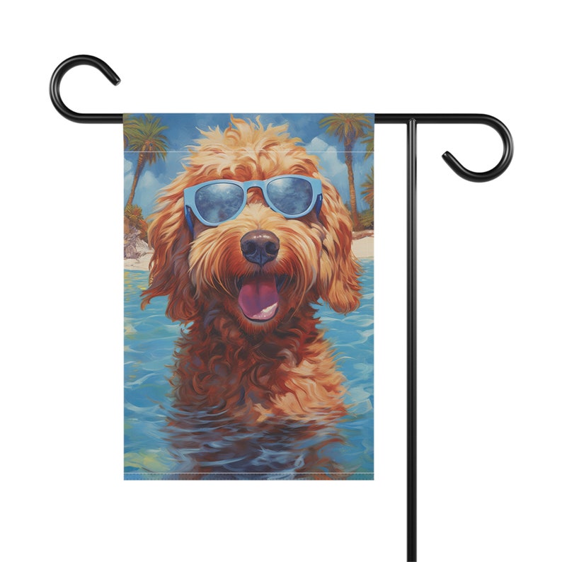 Cool Summer Goldendoodle Yard Flag | Beach Labradoodle Wearing Sunglasses Garden Flag Gift | Gift for Doodle Dog Moms | Tan Cream Apricot image 4
