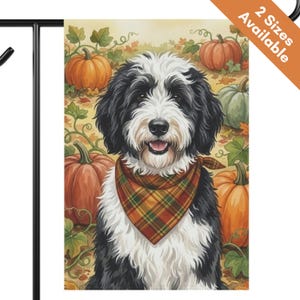 Sheepadoodle Thanksgiving Pumpkin Flag, Fall Bernedoodle Garden Flag, Autumn House Flag, Black White Doodle Dog Mom Gift, Aussiedoodle Art