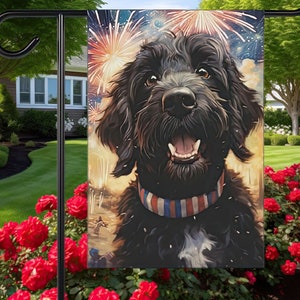 4th of July BLACK Goldendoodle Garden Flag | Patriotic BLACK Labradoodle Yard Art Flag | Fireworks Celebration Dog Mom Gift Memorial Day