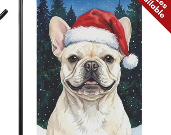French Bulldog Christmas Garden Flag, Santa Hat Cream Frenchie House Flag, Watercolor White Cream Dog Mom Gift, Snowy Winter Outdoor Decor