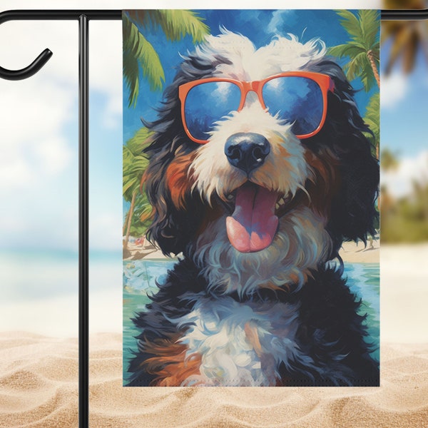 Summer Bernedoodle Garden Flag | Tri Color Bernedoodle at the Beach Yard Flag Art | Outdoor Gift for Doodle Mom | Dog Lover Hostess Present