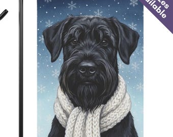 Giant Schnauzer Winter Snowflake Garden Flag, Cozy Scarf Black Schnauzer House Flag, Big Bearded Dog Mom Gift, Christmas Holiday Yard Art