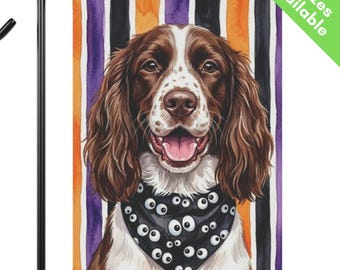 Brown English Springer Spaniel Halloween Garden Flag, Googly Eye Springer House Flag, Liver White Dog Mom Gift, Spooky Fall Yard Art