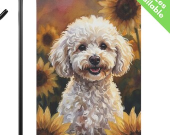 Mini White Poodle Sunflower Garden Flag, Autumn Toy Poodle House Flag, Poodle Dog Mom Gift, Mini Doodle End of Summer
